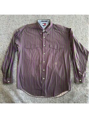 Vintage Tommy Hilfiger L Striped Shirt Purple Green Button Down Cotton 90s FLAW